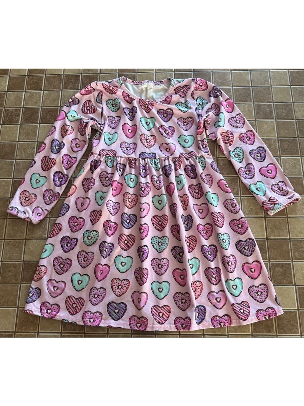 Girls Unbranded Casual Dress XXL(6-7T) Pink Multi-color Heart Donut Print